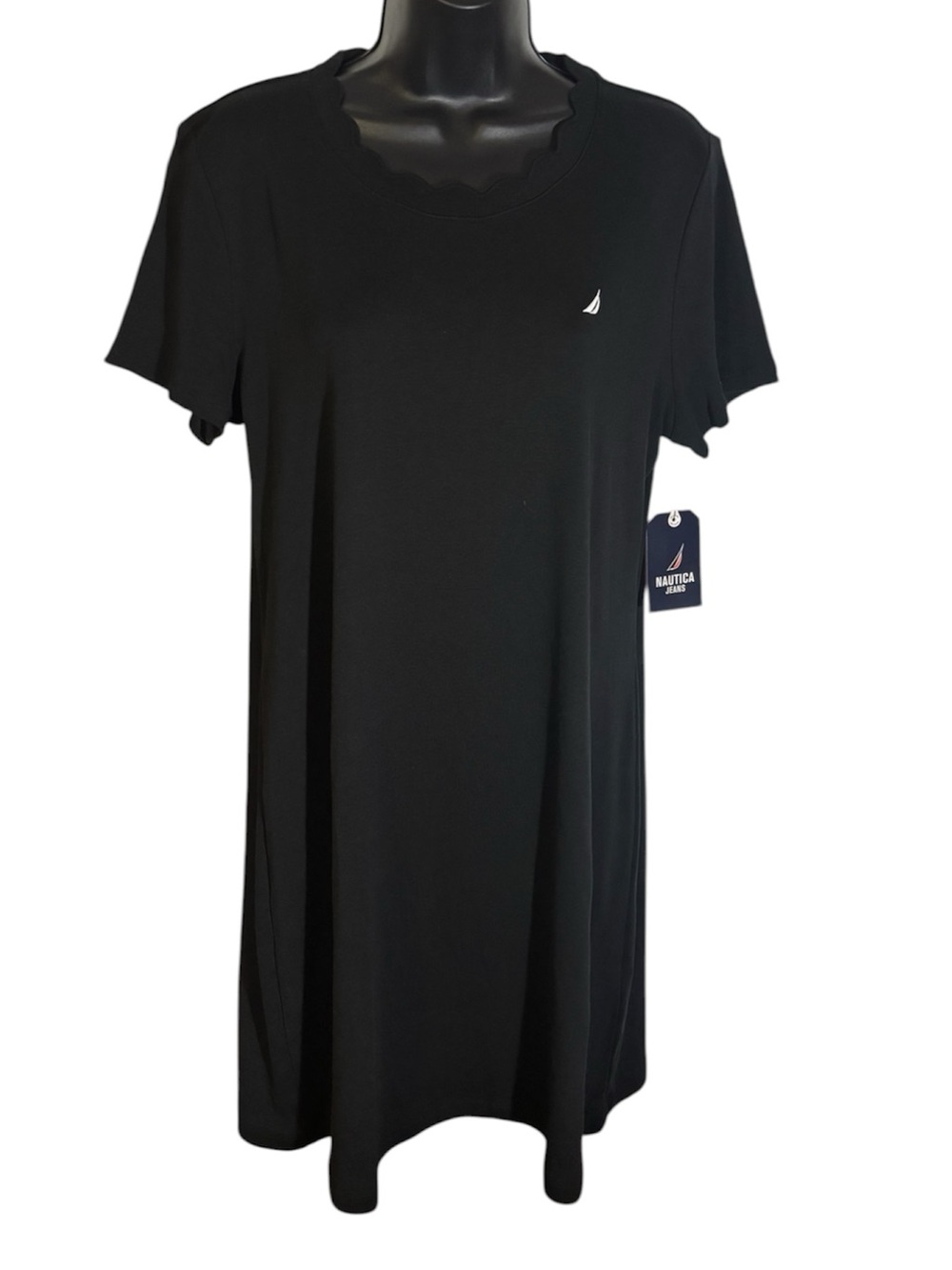 Nautica Short Sleeve T-Shirt Dress Black Scalloped Collar 100% Cotton Size Large
